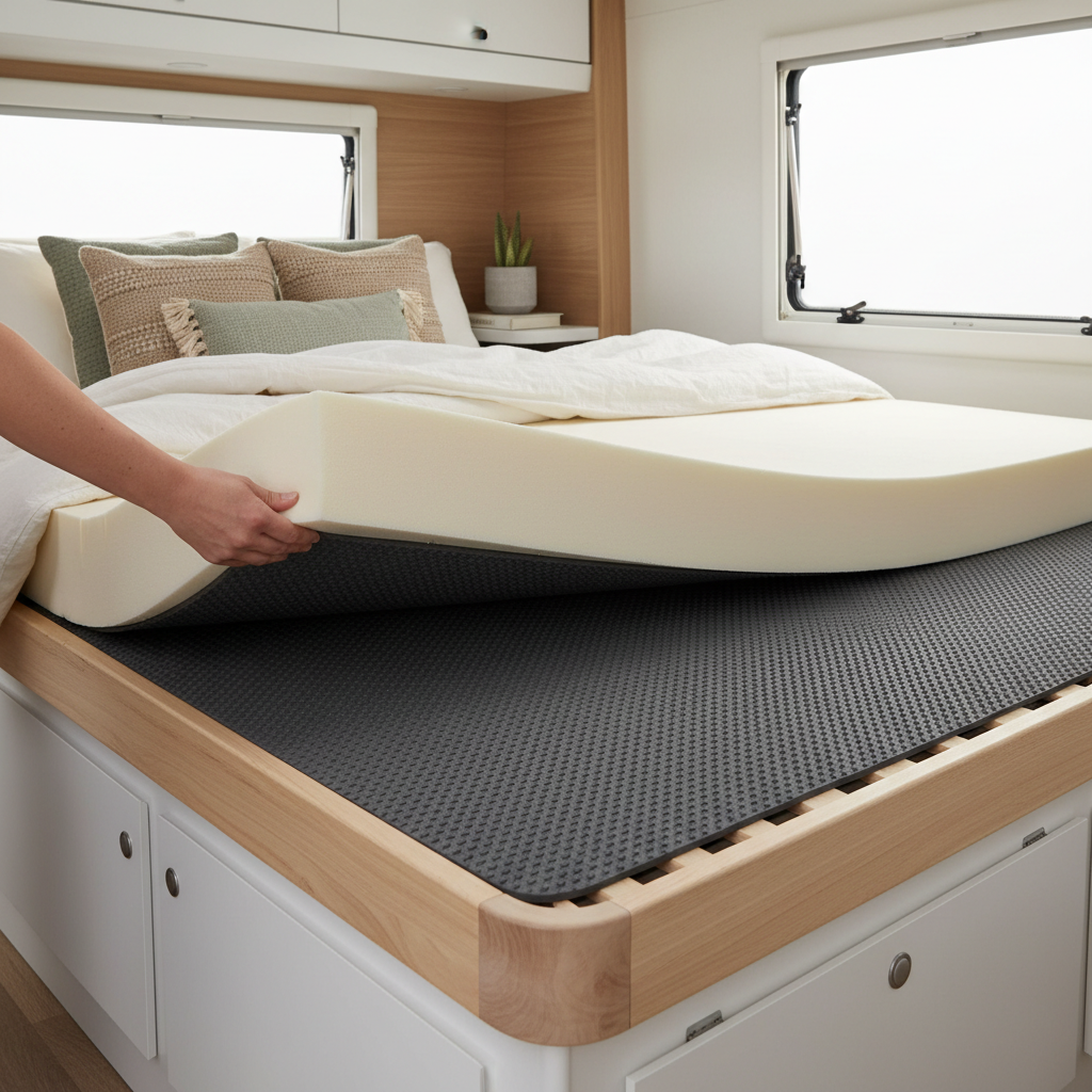 Non-slip mat under memory foam topper on camper bed