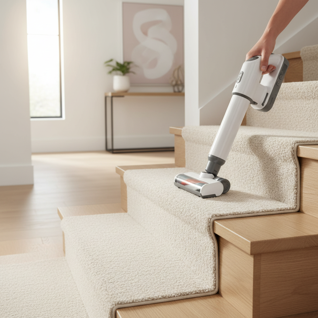 Person cleaning carpet stair treads on wooden stairs with a handheld vacuum