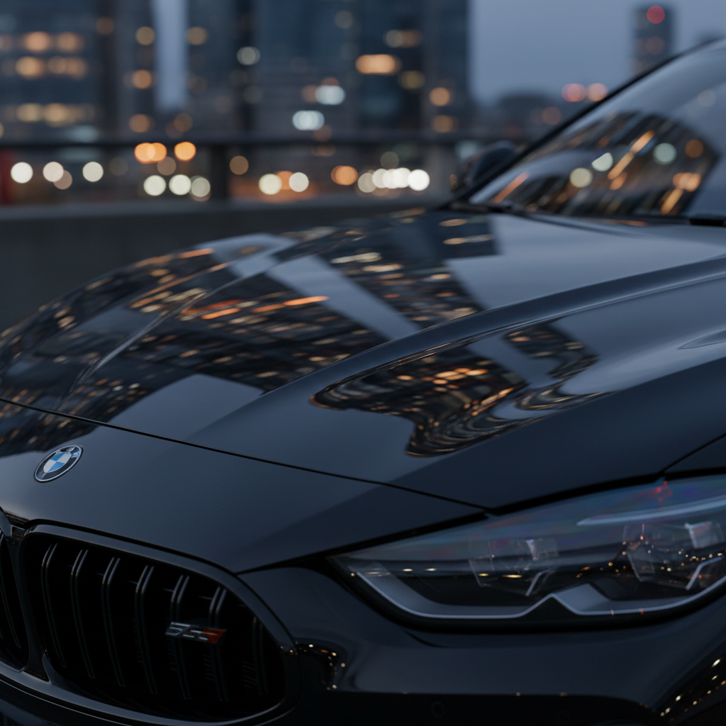 Black car hood reflecting city lights after wax protection