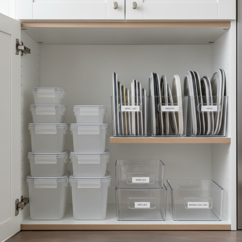 Organized kitchen cabinet with plastic food containers and lids sorted in bins