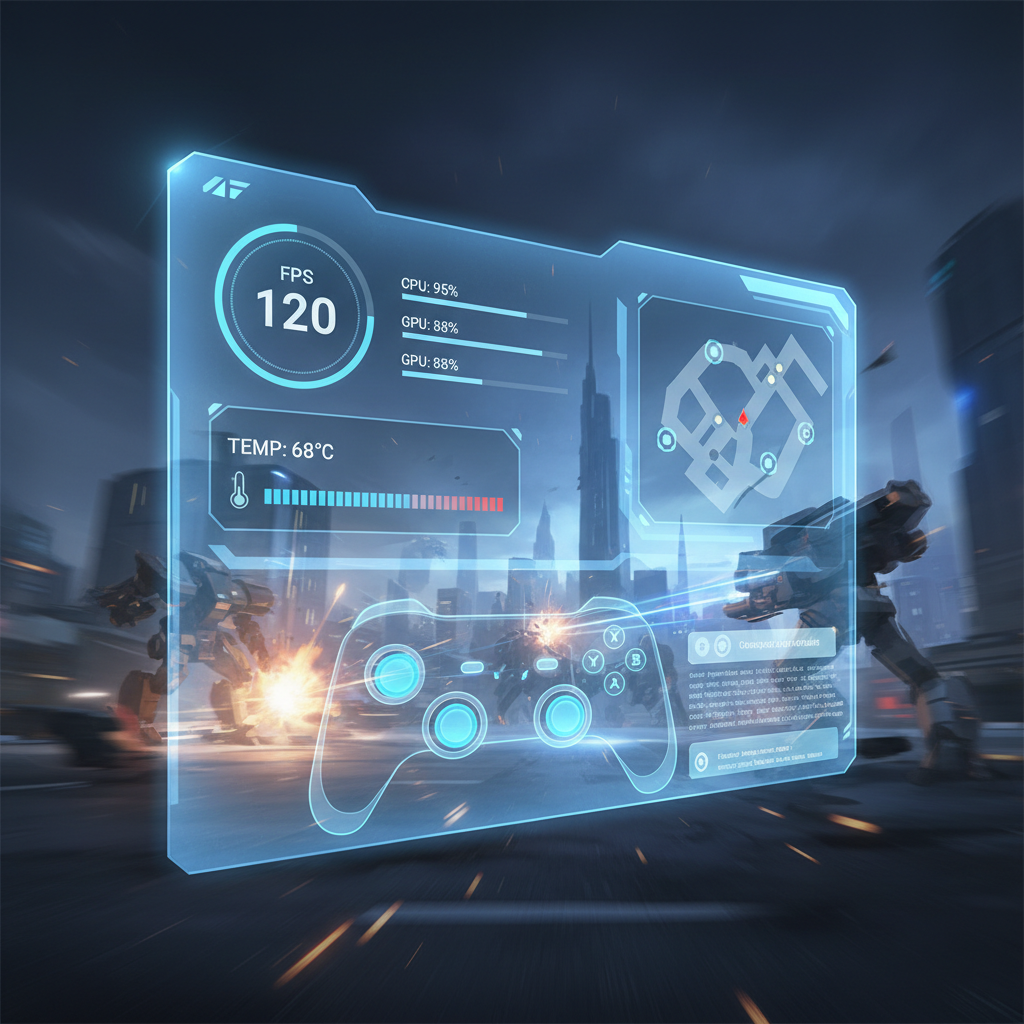 Android gaming mode dashboard with FPS and temperature overlay