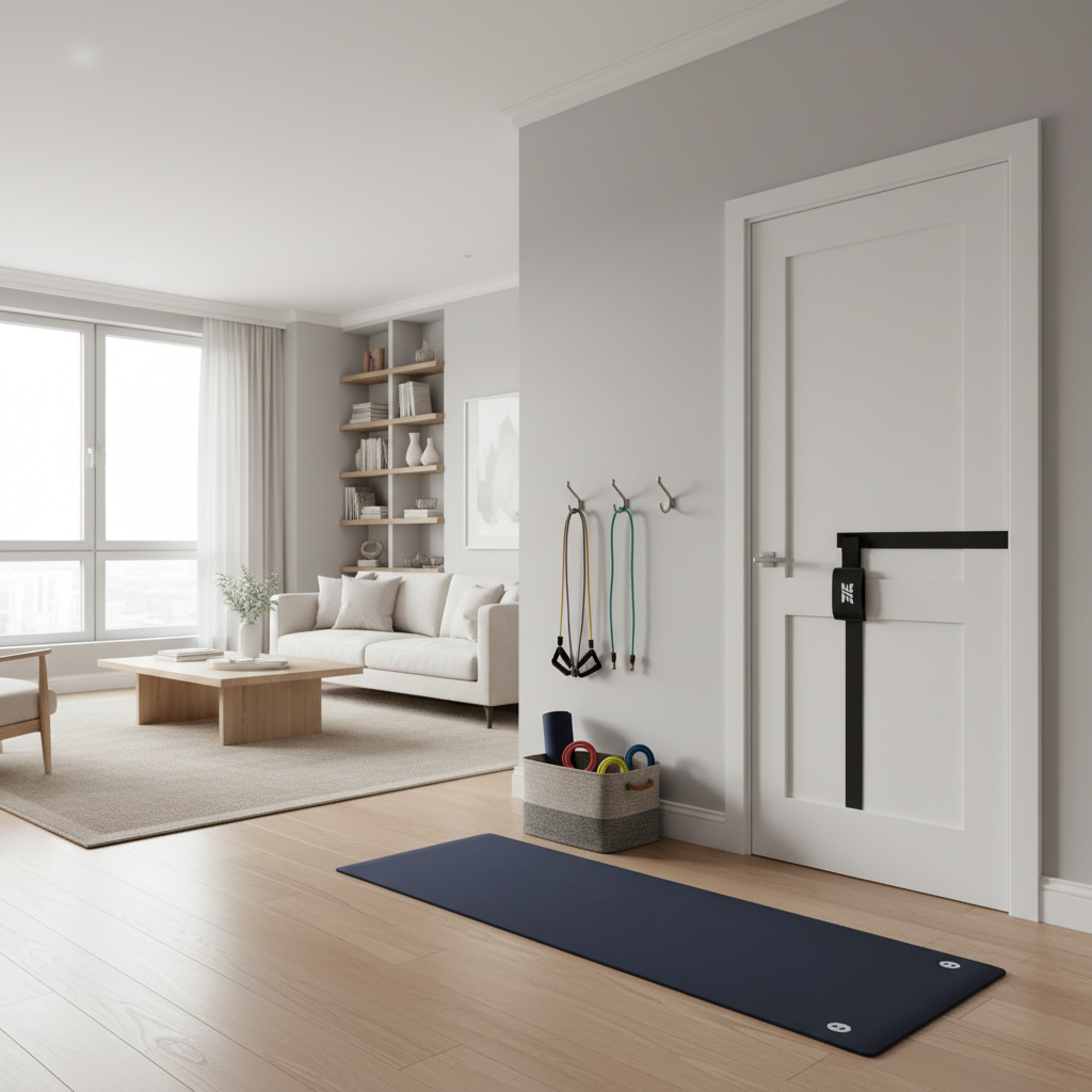Apartment living room layout showing a resistance band workout zone and compact storage