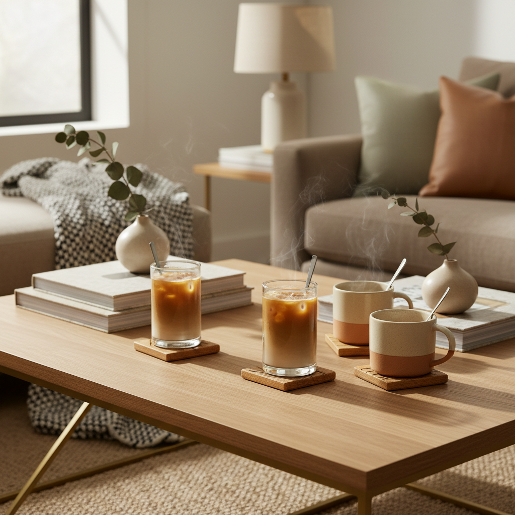 Natural wood coasters on a modern coffee table protecting against condensation rings