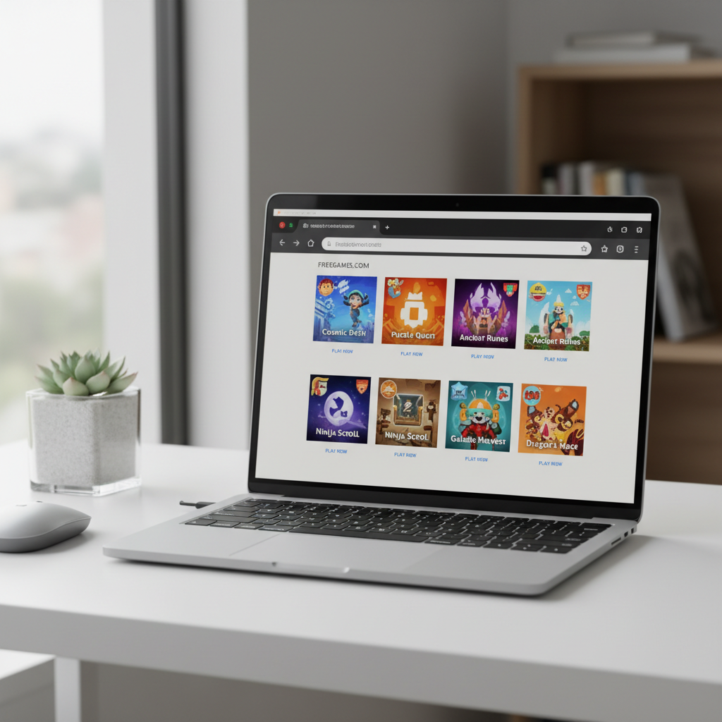 Laptop playing free browser games with no download on a clean desk setup