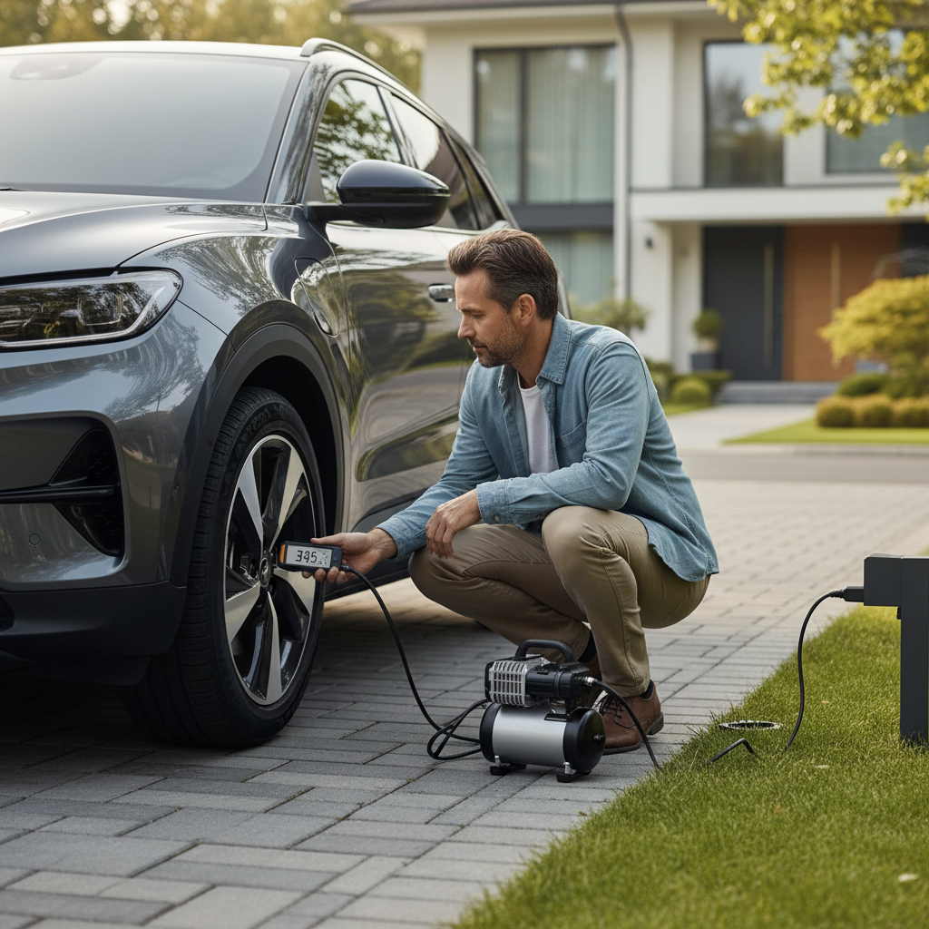 Driver checking tire pressures in a driveway with a portable air compressor and digital gauge
