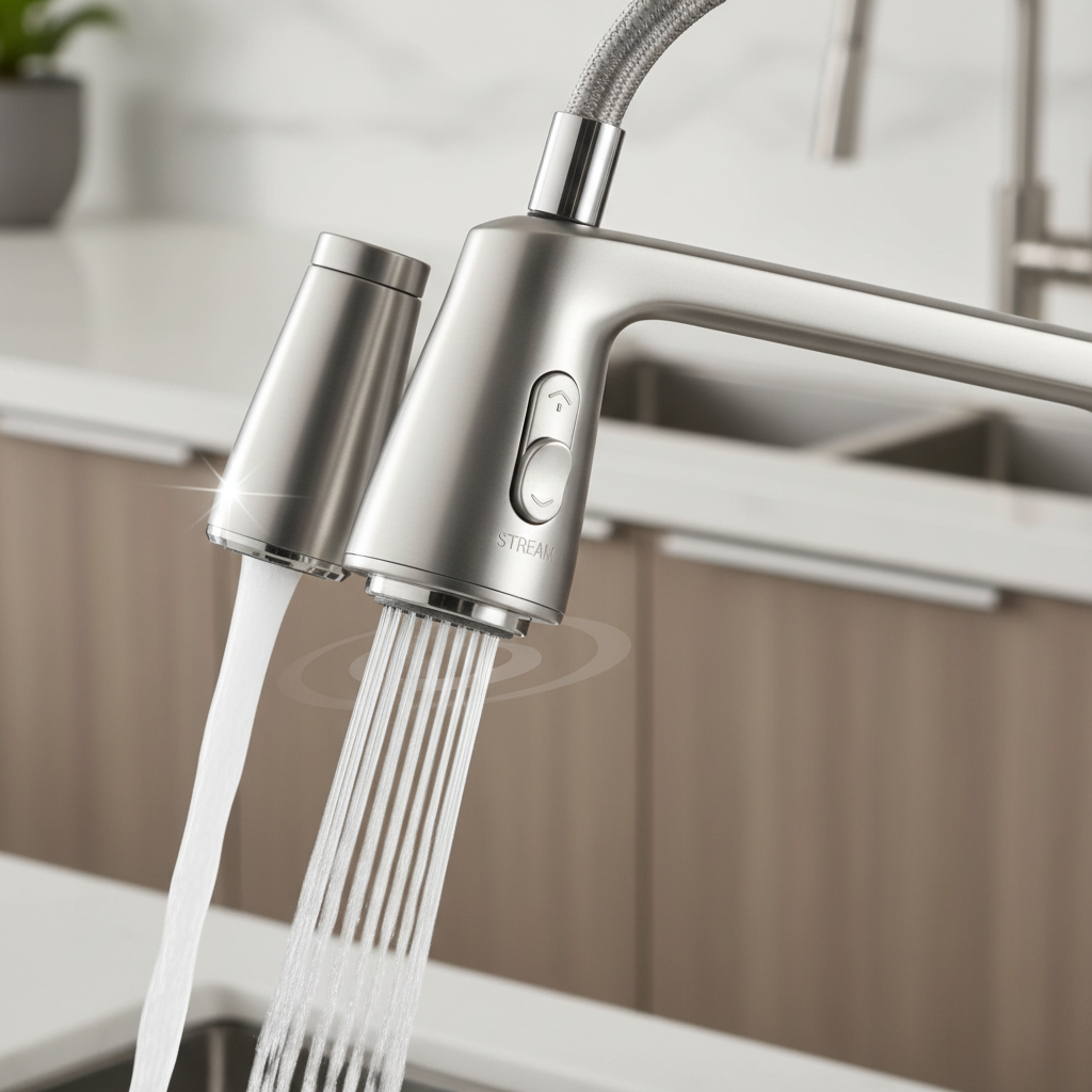 Close-up of pull-down kitchen faucet spray modes and magnetic docking