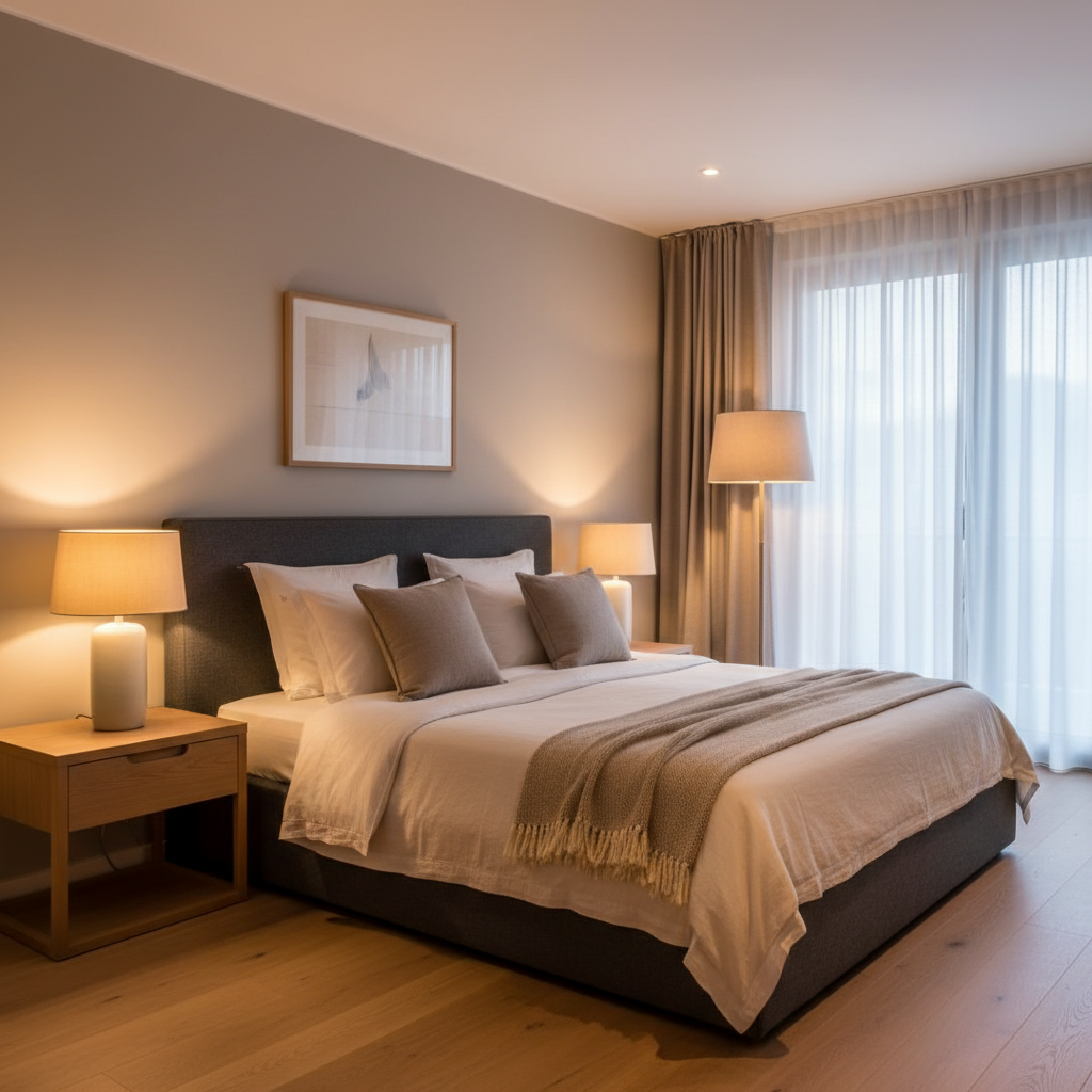 Layered bedroom lighting with bedside lamps and warm LED bulbs for a cozy makeover