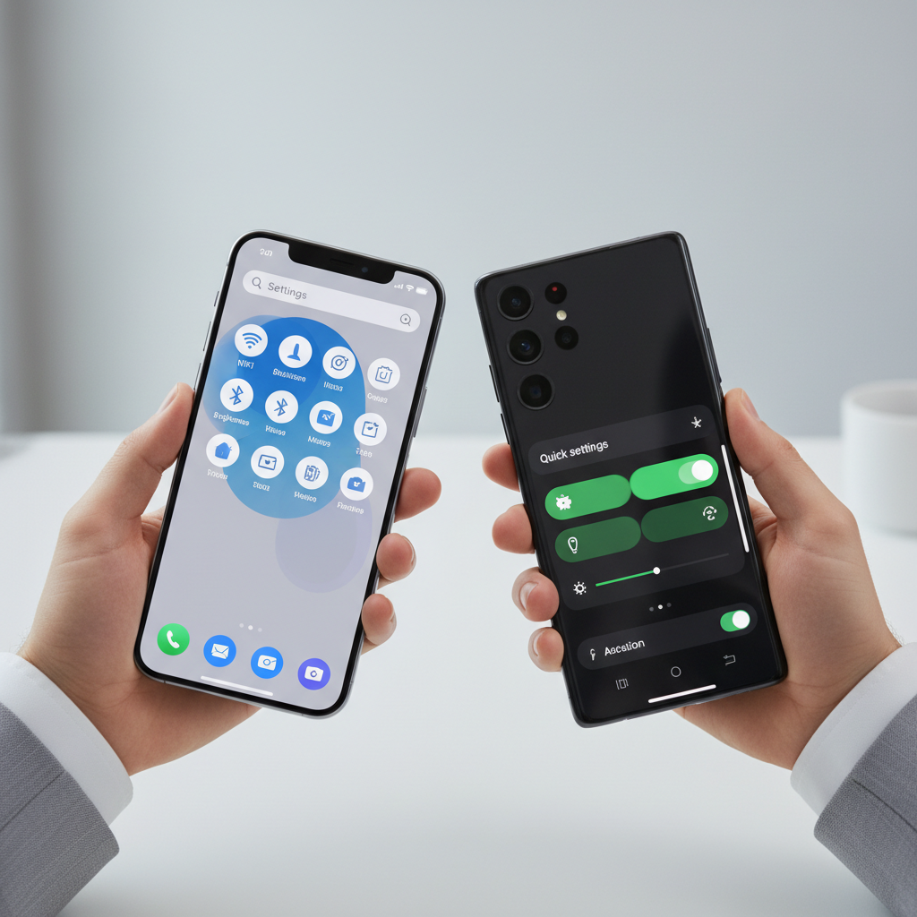 Hands using hidden smartphone shortcuts in iPhone and Android settings
