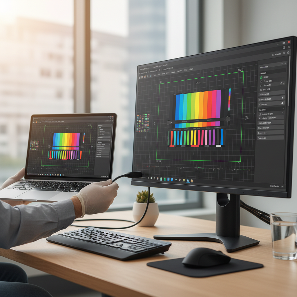 Laptop connected to external monitor for troubleshooting screen flicker
