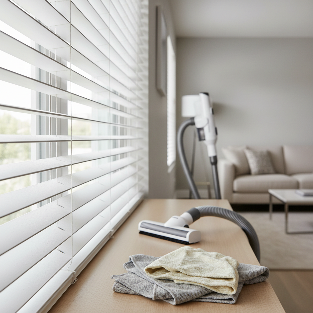 Dusty window blinds before cleaning with microfiber tools