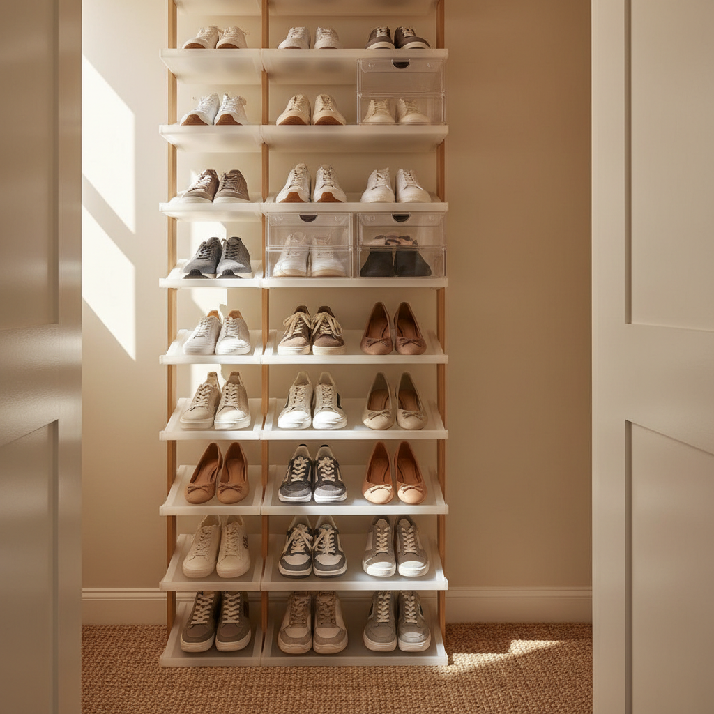 Stackable shoe rack inside a small closet maximizing vertical space
