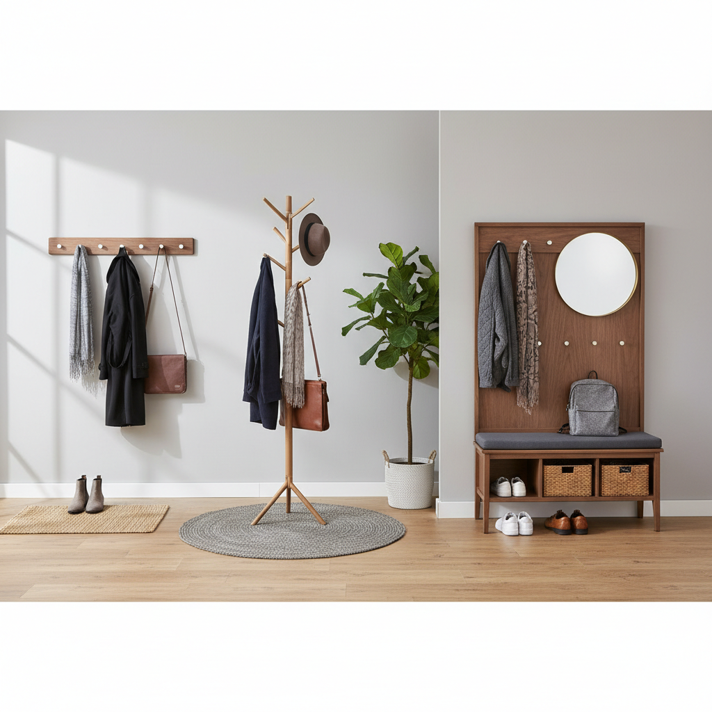 Comparison of wall-mounted coat rack, freestanding coat tree, and hall tree bench