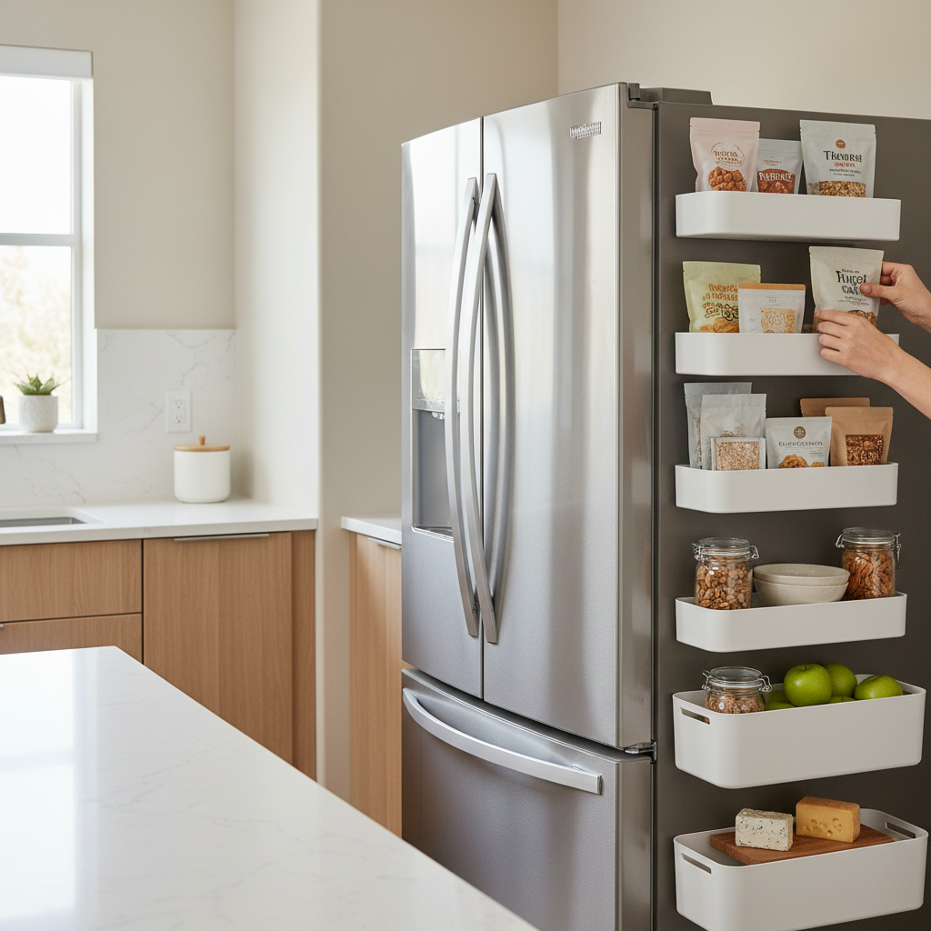 Organizing a fridge side with magnetic baskets loaded with light items and heavier items placed low