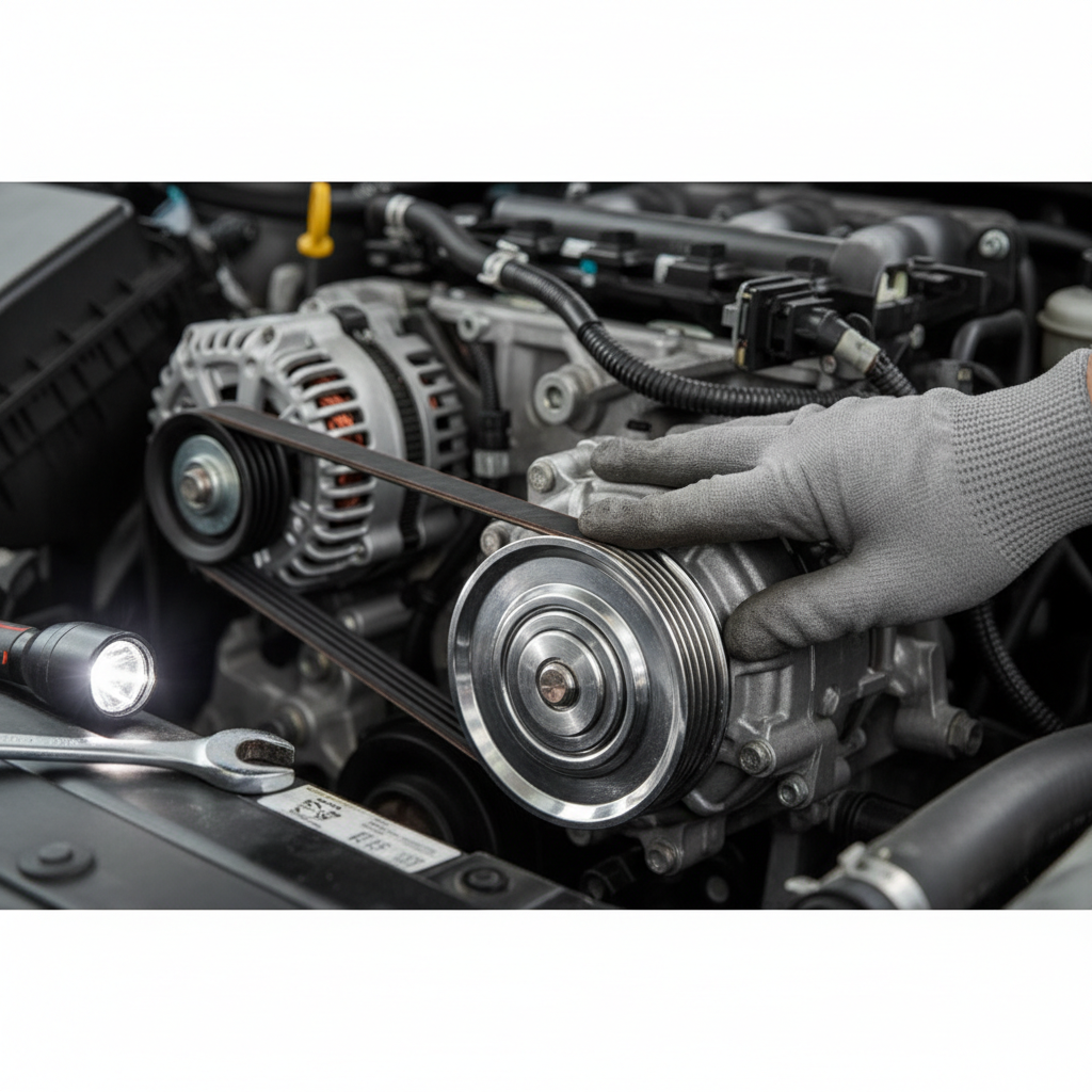 Close-up of serpentine belt and AC compressor pulley showing wear inspection