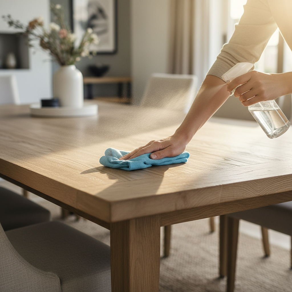 Cleaning wood dining table with microfiber cloth and gentle spray