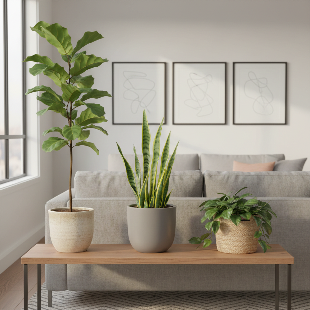 A styled plant vignette with three potted plants in coordinated pots on a console table