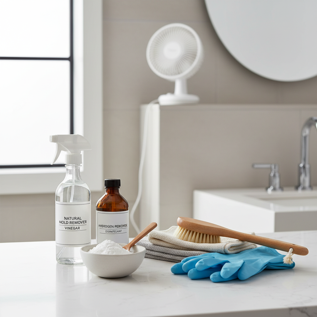 Natural mold cleaning supplies on bathroom counter