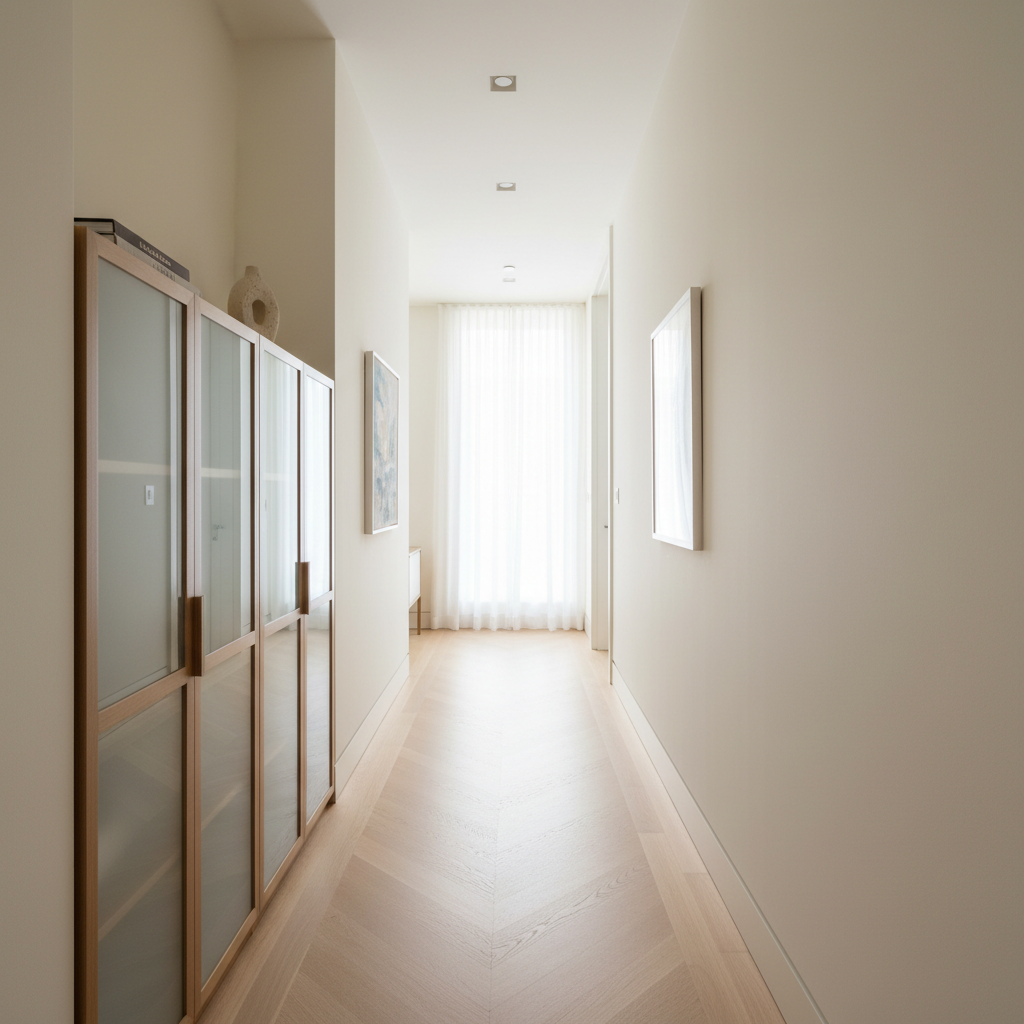 Slim storage cabinet in a narrow hallway with clear walking space