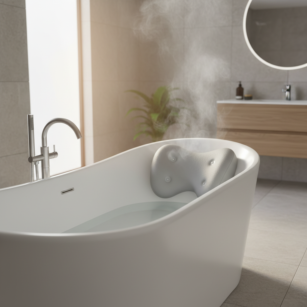 Memory foam bath pillow attached to a bathtub with suction cups for neck support