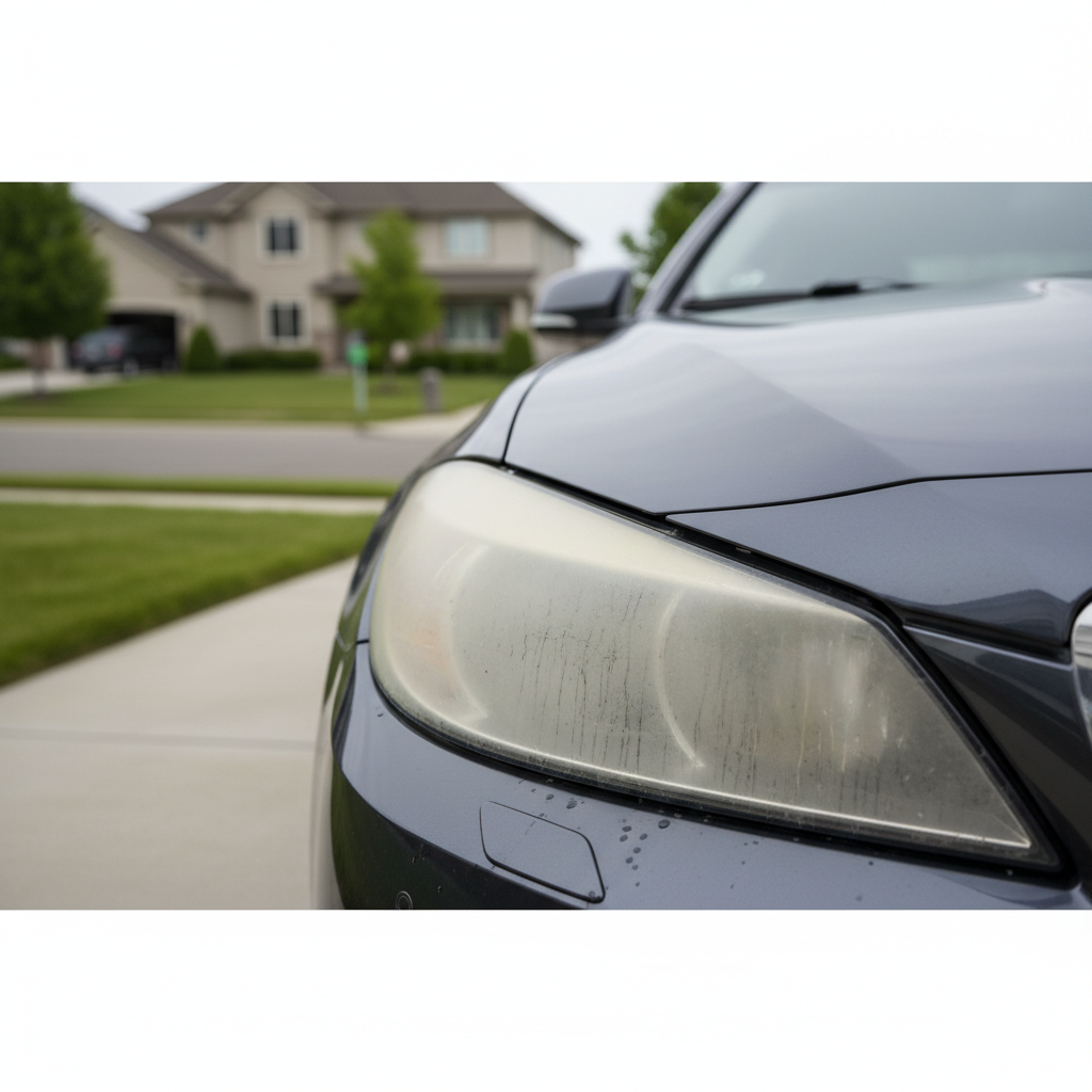 Cloudy car headlight lens before cleaning and restoration