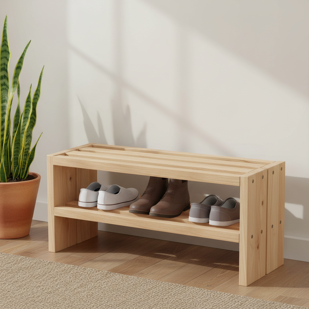 Simple DIY wooden shoe rack in a small entryway