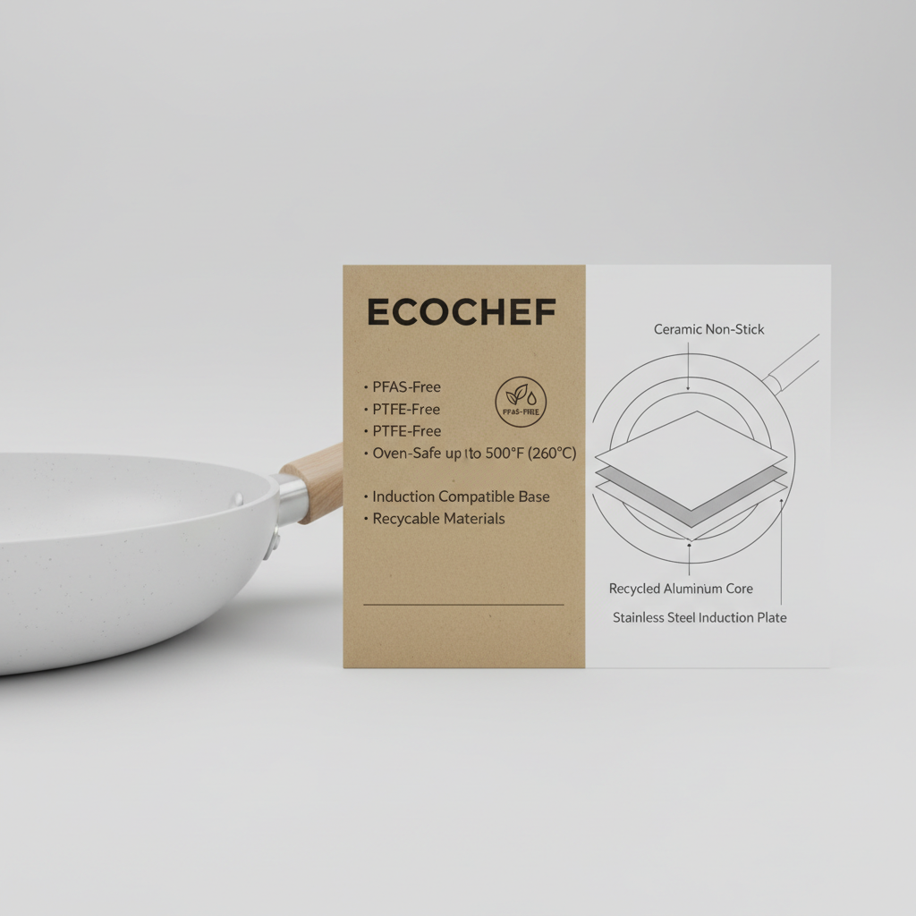 Close-up of cookware label showing PFAS-free and material details