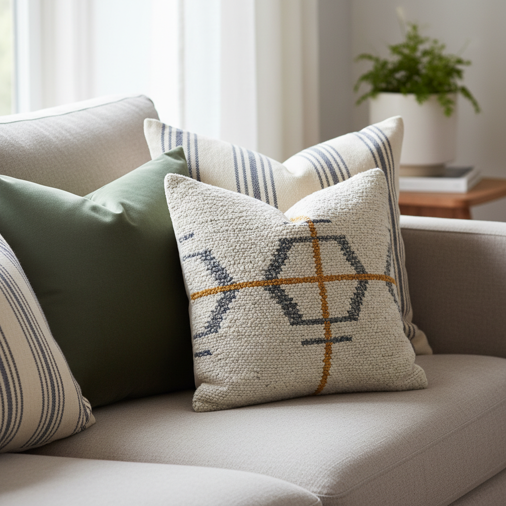 Close-up of mixed throw pillow textures and patterns on a neutral sofa