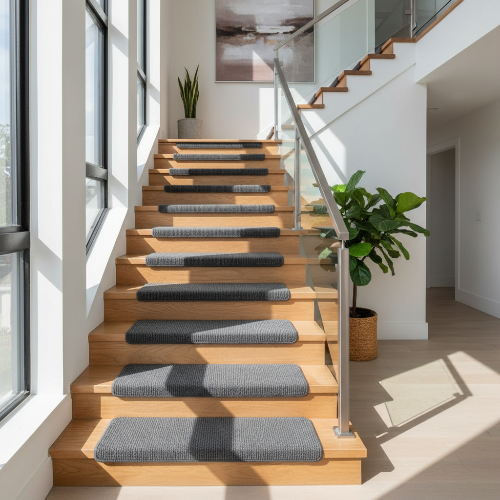 Non slip stair treads installed on a wooden staircase in a home