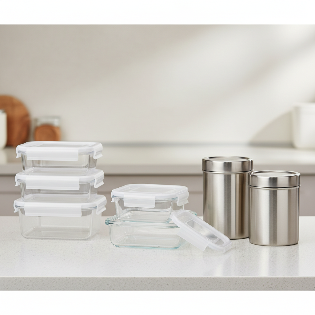 Different pantry container materials: clear plastic, glass jars, and stainless canisters