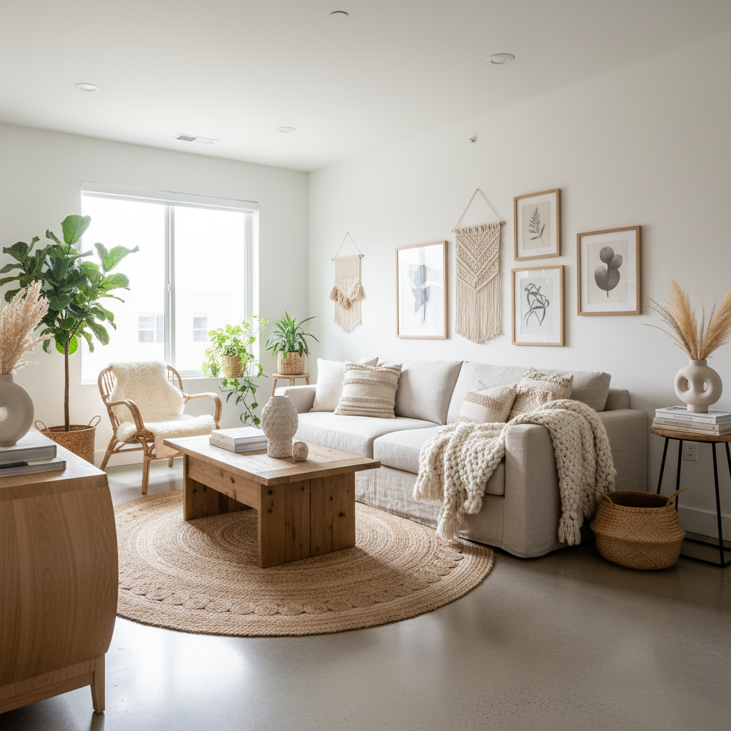Scandi boho living room with neutral palette, natural wood, and layered textiles