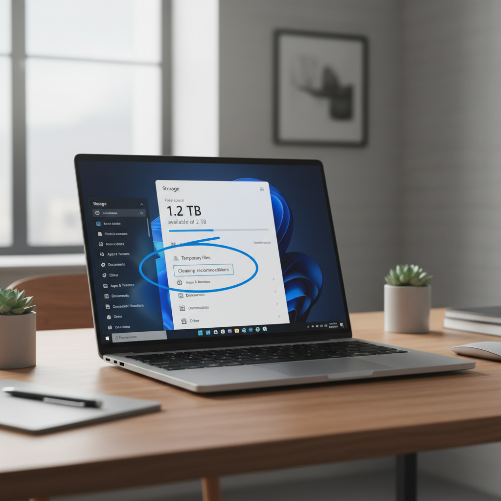 Windows Storage settings showing free space and temporary files cleanup