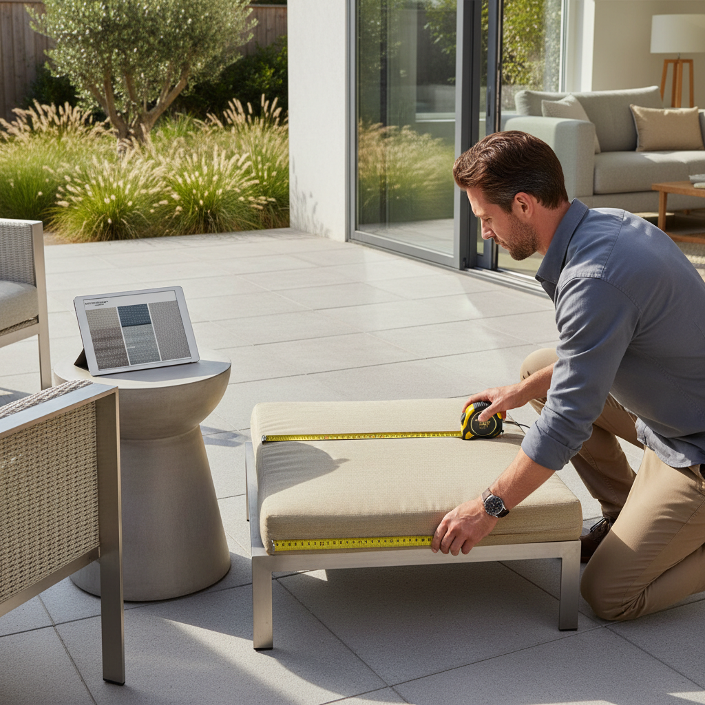 Homeowner measuring patio cushion for waterproof cover sizing