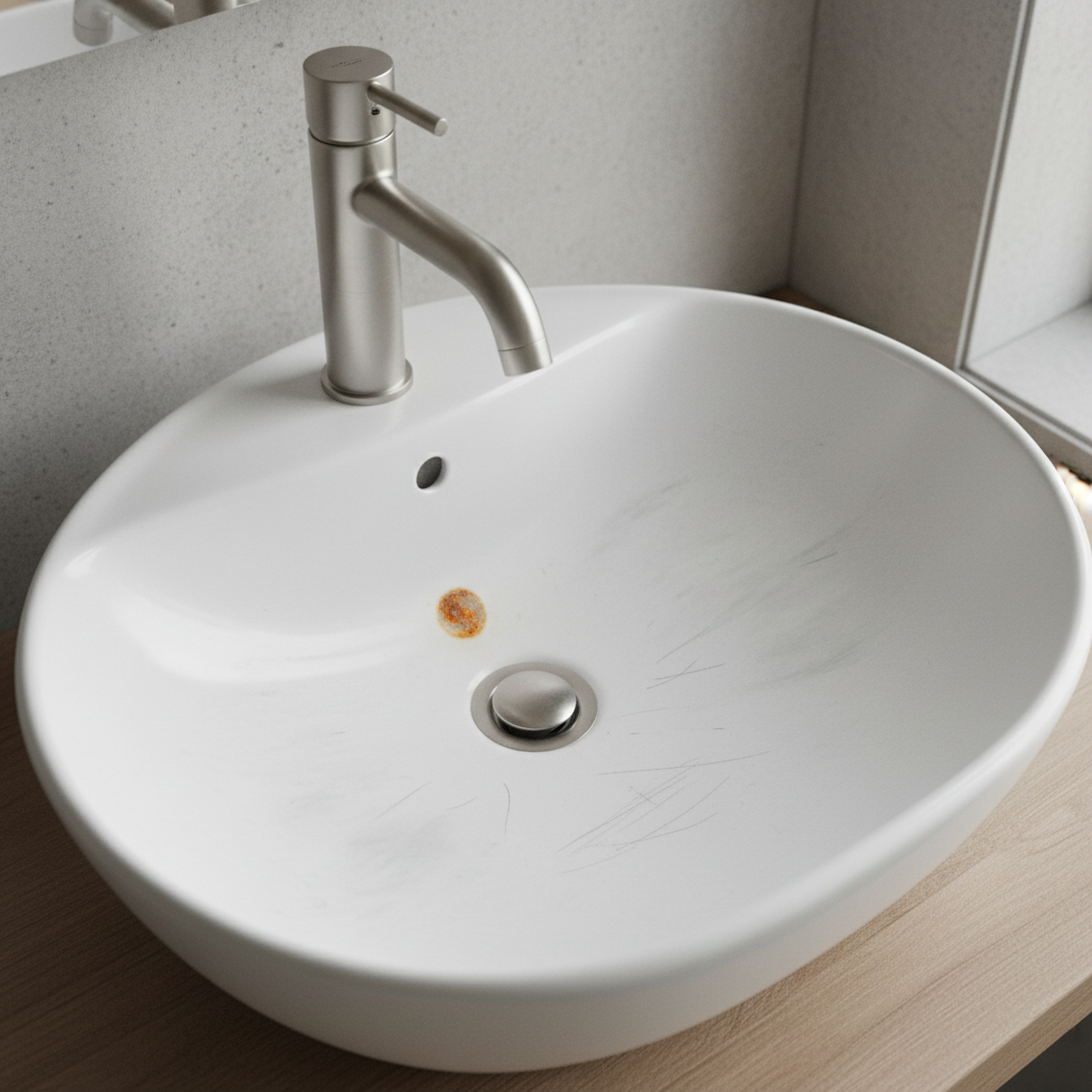 Porcelain bathroom sink with common stains and dull spots before cleaning