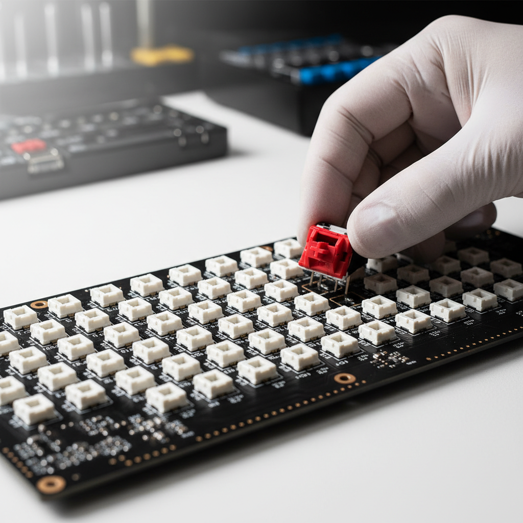 Close-up of mechanical keypad hot-swap sockets and switches being inserted