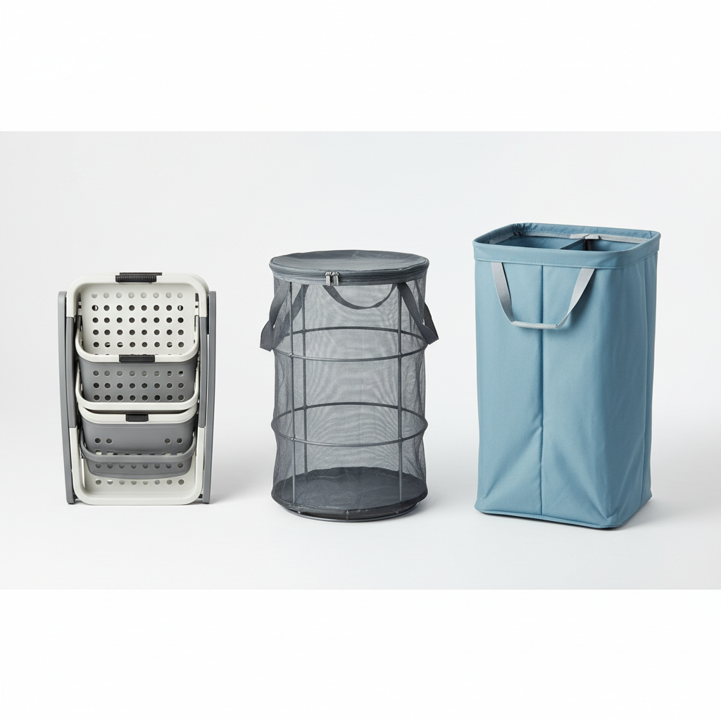 Comparison of collapsible laundry basket styles: flat-fold, pop-up mesh, divided sorter