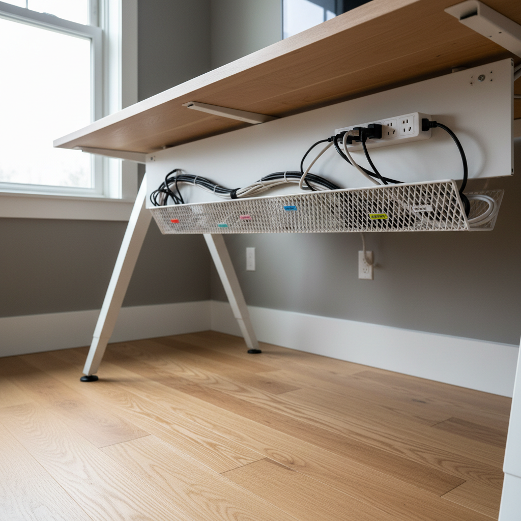 Neat cable management behind a desk with cable tray and labeled cords
