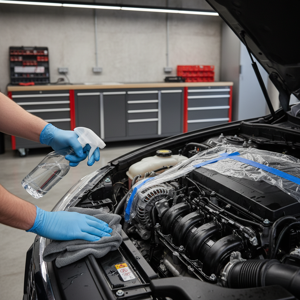 Safe engine bay cleaning with covered alternator and low-pressure rinse