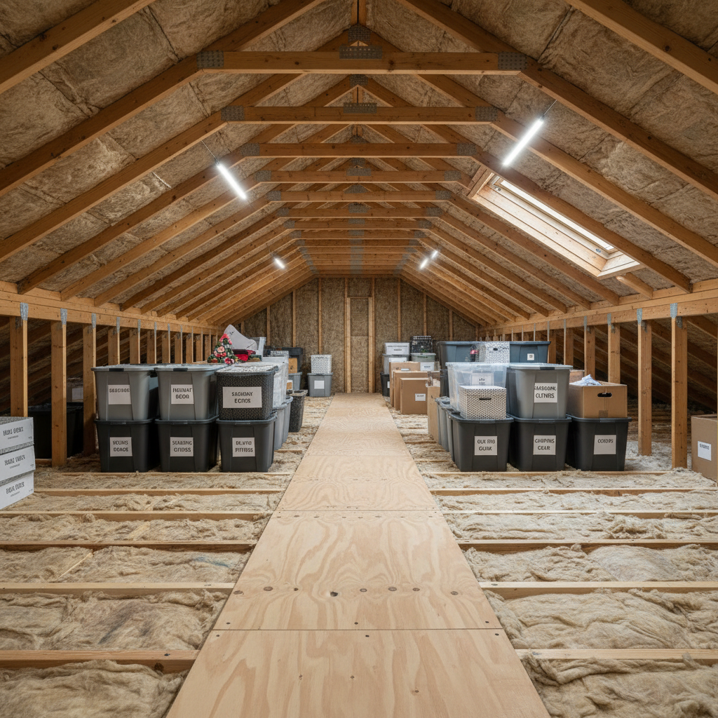 Attic walkway with plywood path and storage zones marked