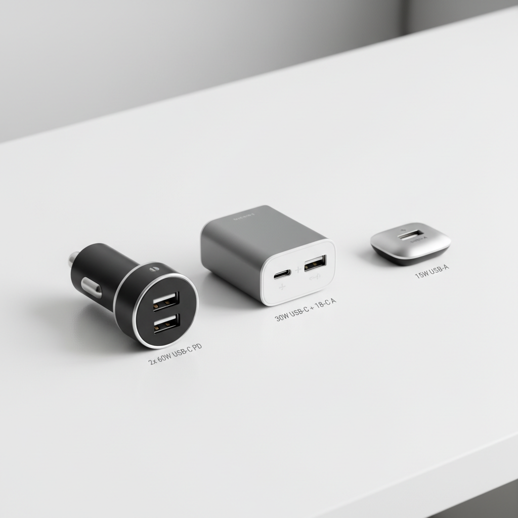 Two-port USB-C and USB-A car charger comparison on a clean desk