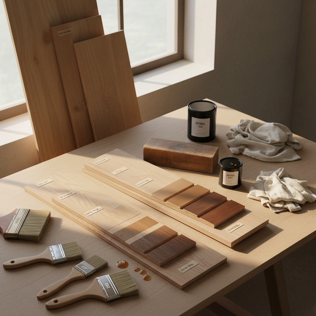 DIY rustic wood finishing setup with stain samples, brushes, sandpaper, and boards