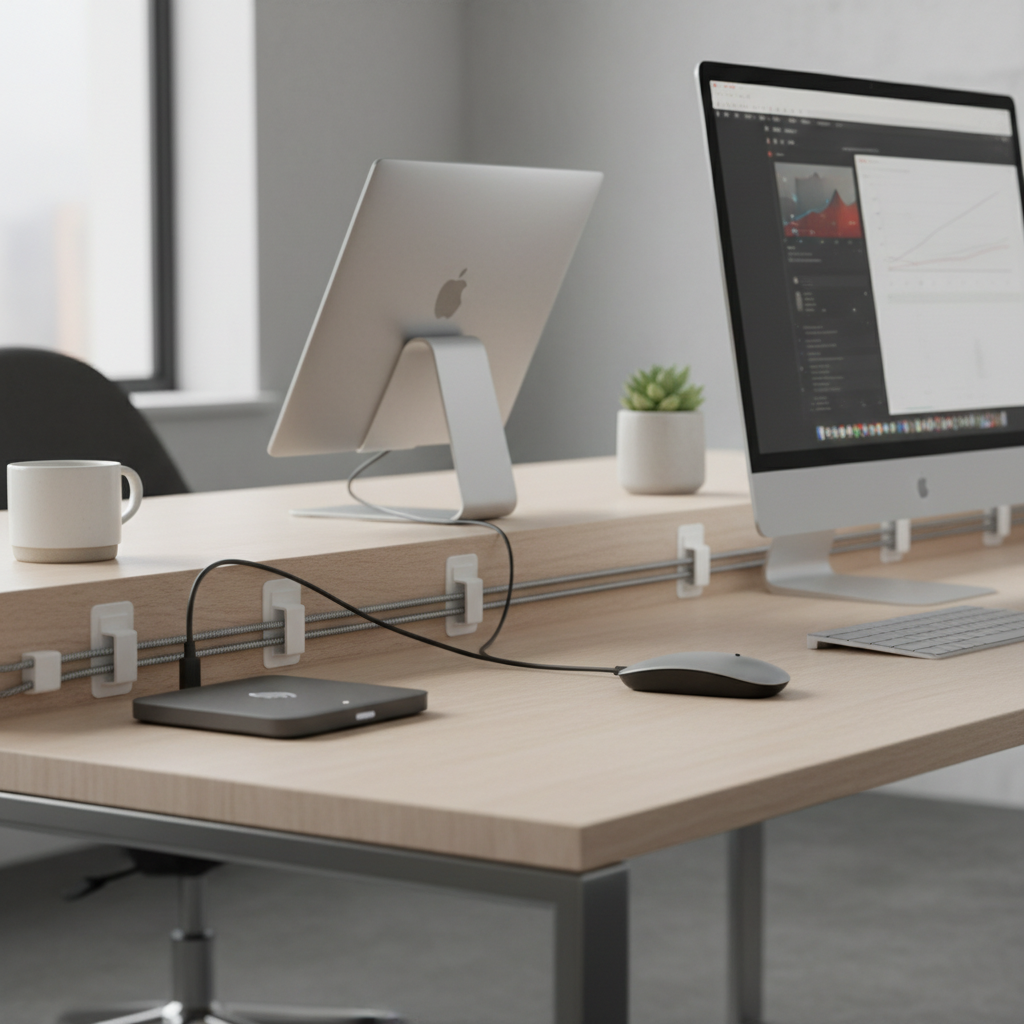 Cable management on desk with clips and a single charging station