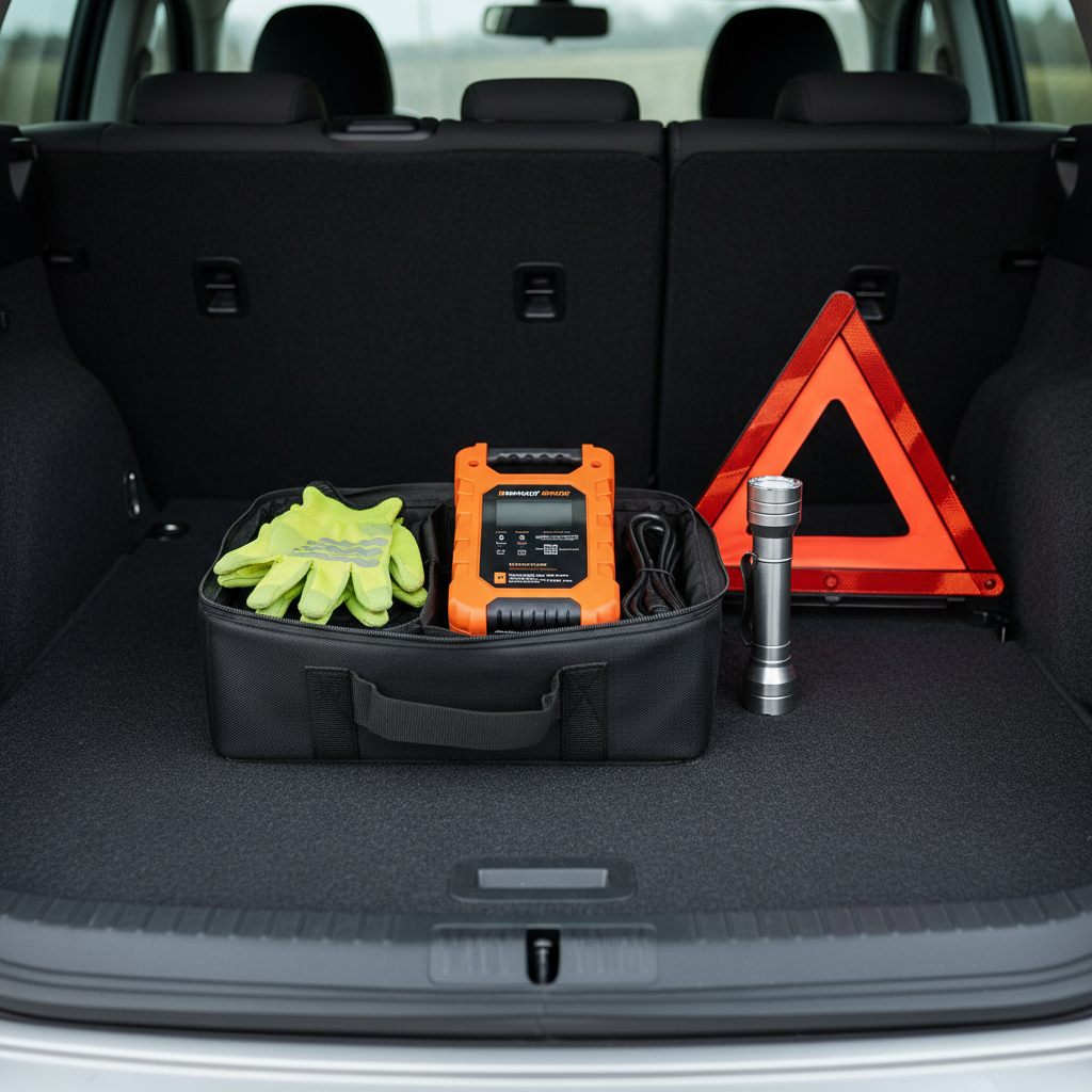 Car emergency kit with a jump starter, gloves, and flashlight organized in trunk