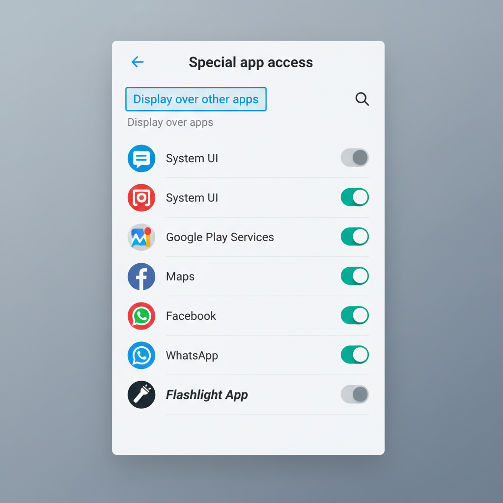 Android special app access screen for display over other apps permission