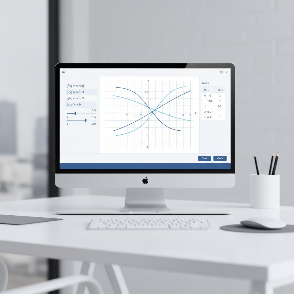 Graphing calculator screen showing function plots and sliders for parameters