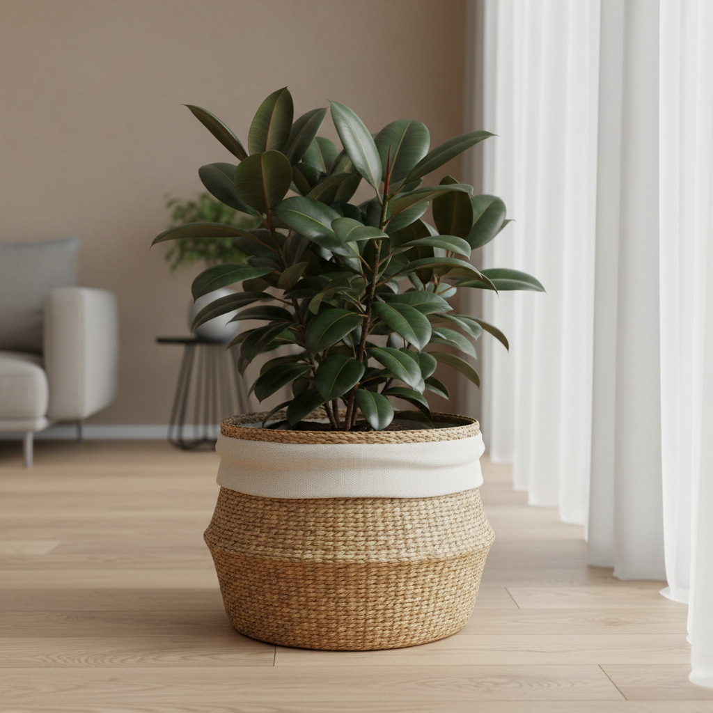Indoor potted plant styled in a woven basket planter with liner