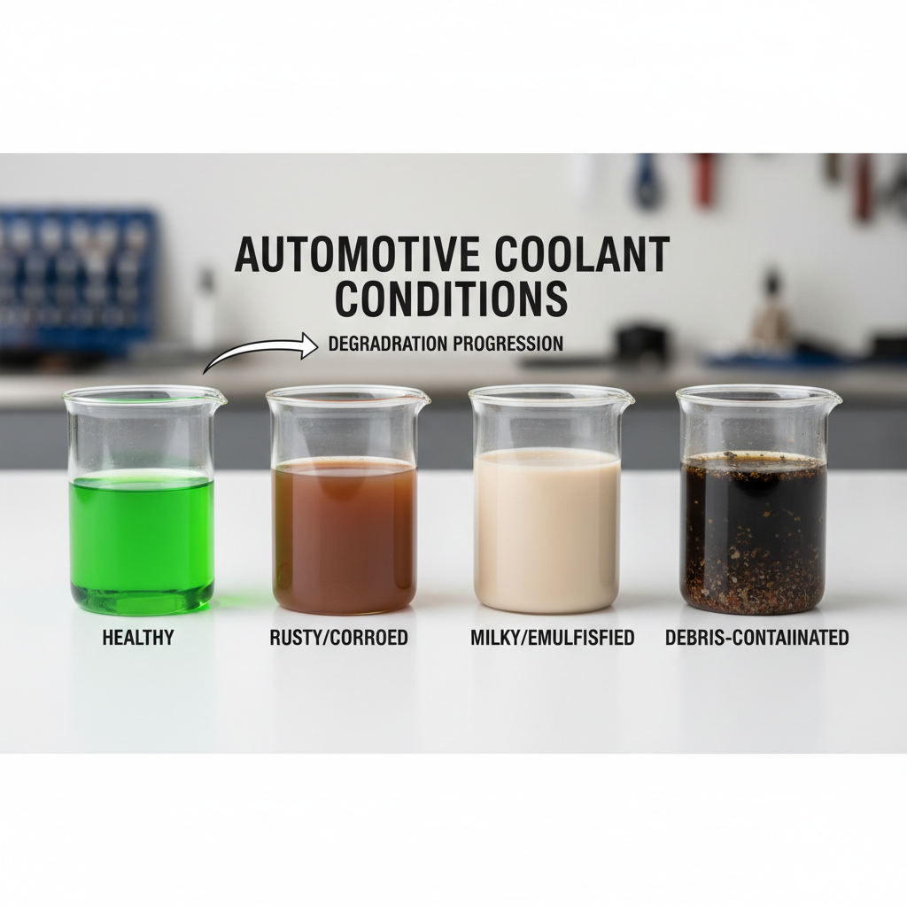 Coolant color comparison chart showing normal vs contaminated coolant
