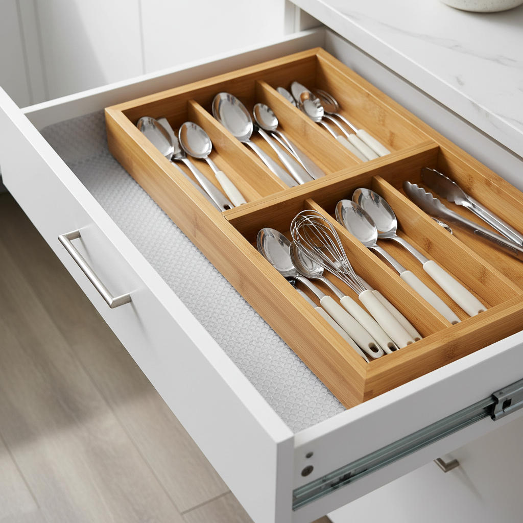 Bamboo utensil organizer with drawer liner to prevent slipping