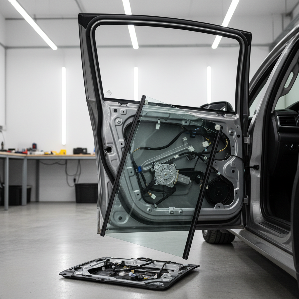 Car door interior with window glass tilted off track