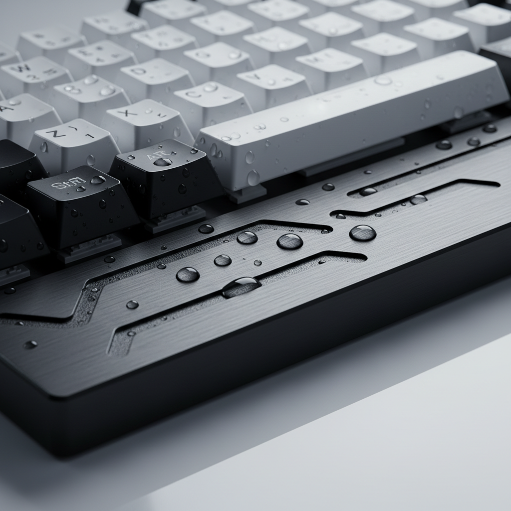 Close-up of keyboard drainage channels and floating key design