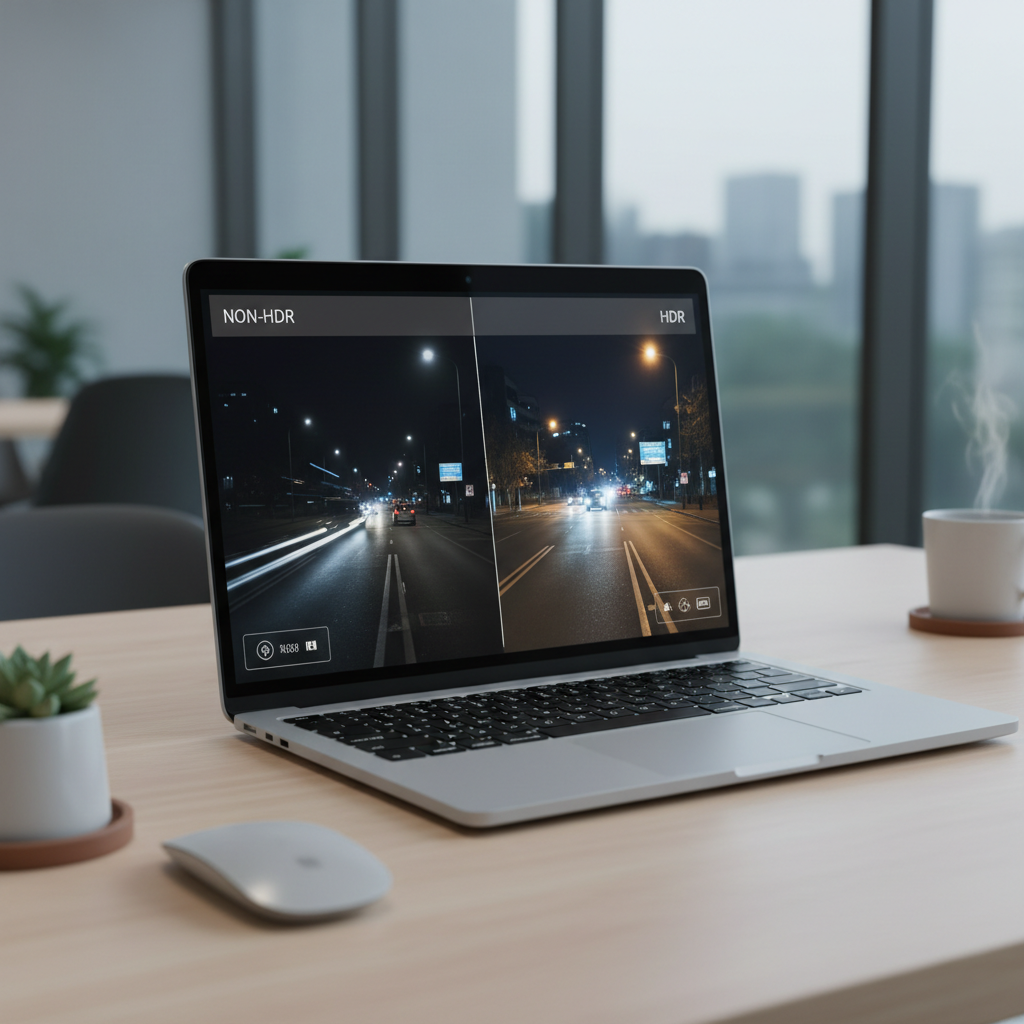 Night driving footage comparison on a laptop showing HDR differences